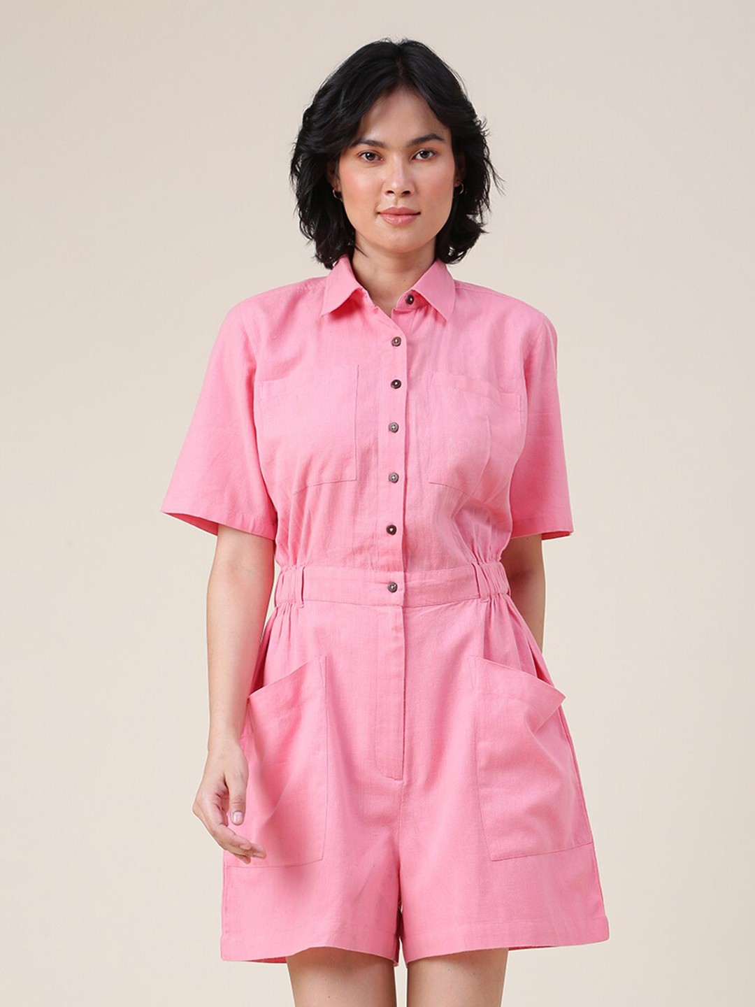 

Fabindia Women Shirt Collar Cotton Jumpsuit, Pink
