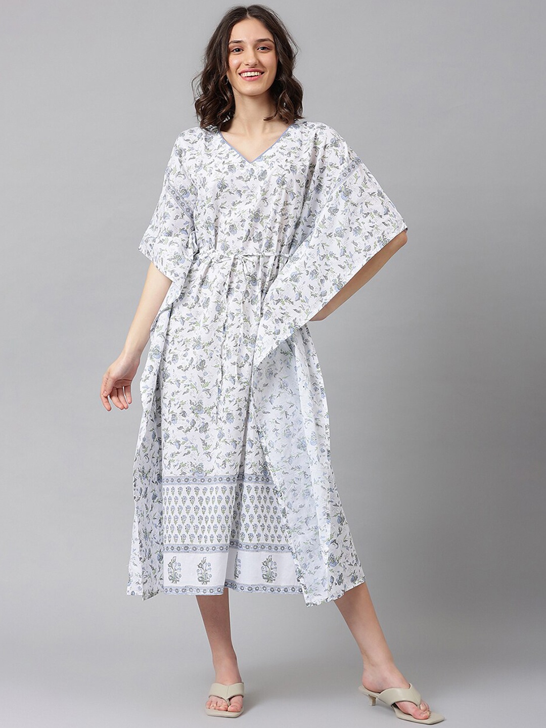 

Fabindia Floral Kaftan Midi Dress, Grey