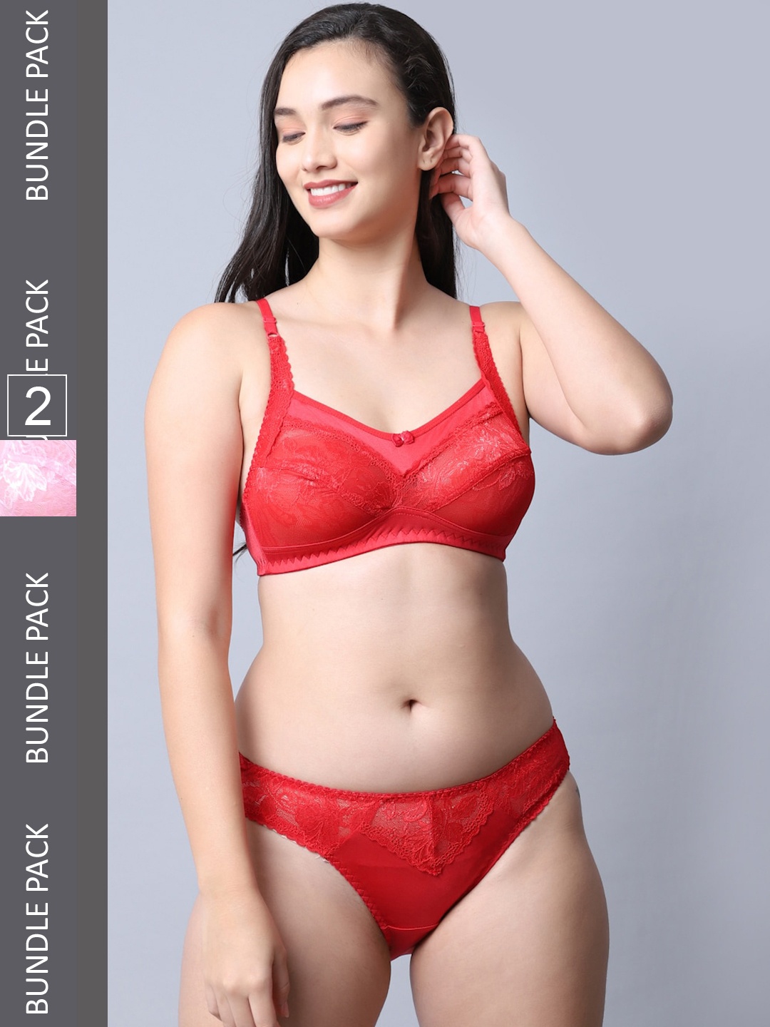 

Jinfo Pack Of 2 Self-Design Lace Lingerie Set LST01-03-10-34, Red