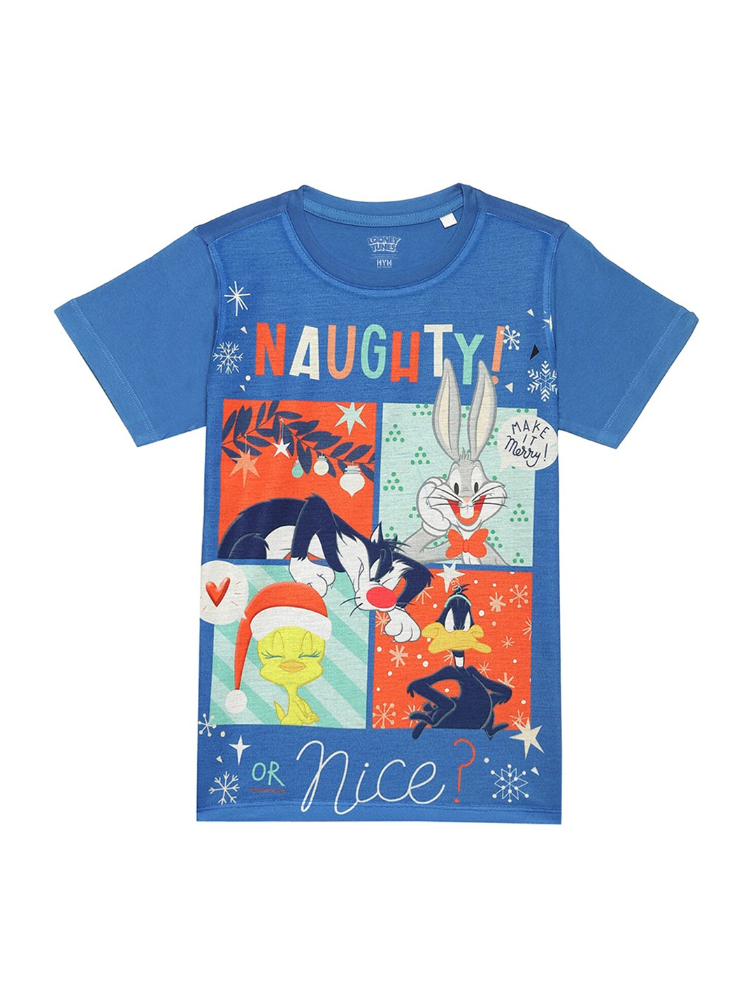 

Looney Tunes by Wear Your Mind Printed Raw Edge Cotton T-shirt, Blue