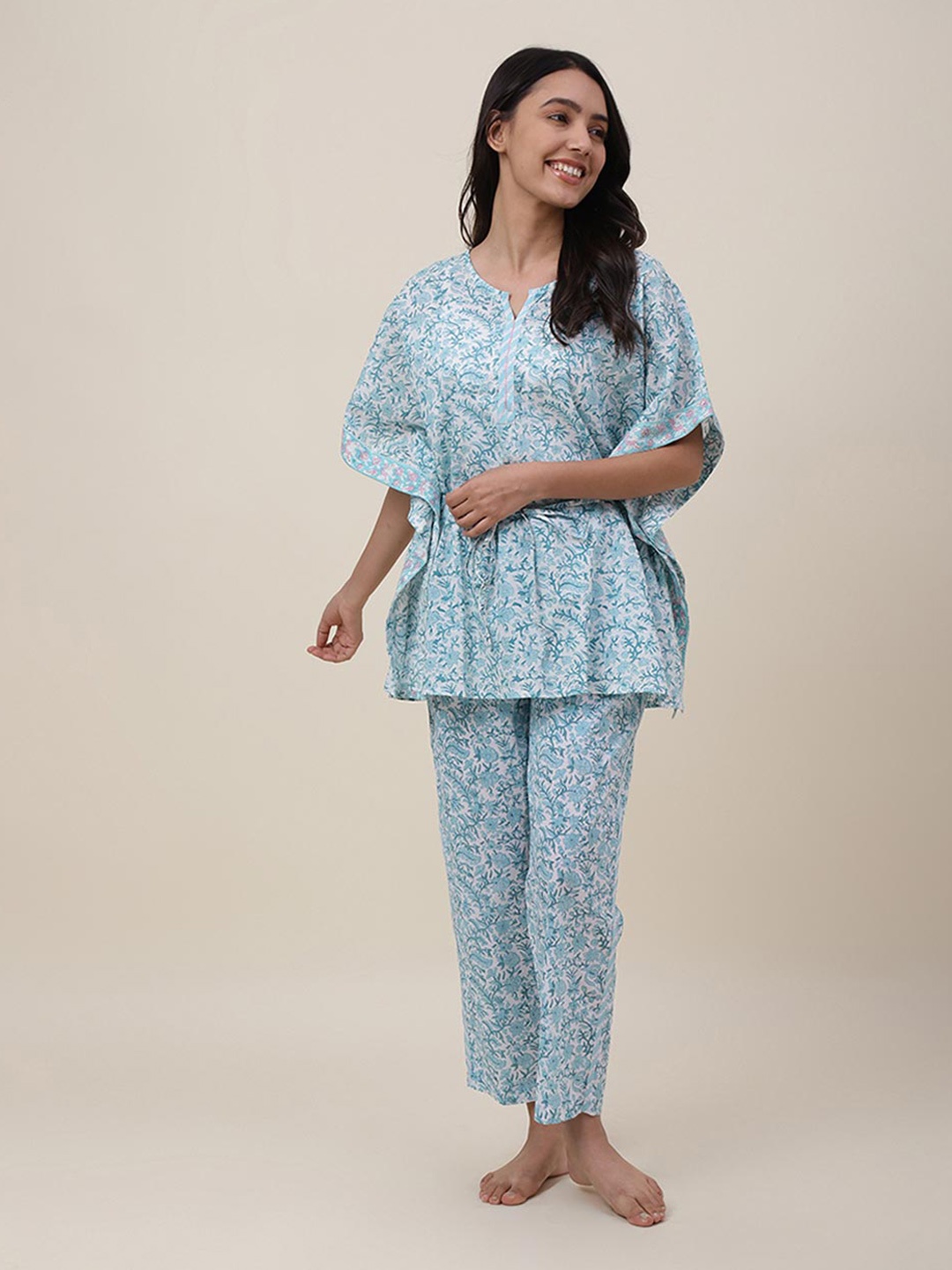 

Fabindia Women Printed Pure Cotton Night suit, Blue
