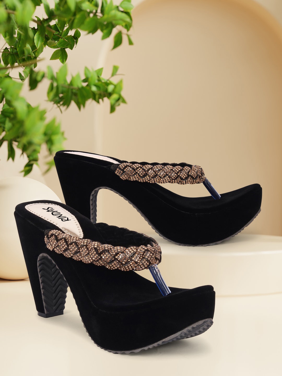 

RINDAS Embellished Velvet Party Block Heels, Black
