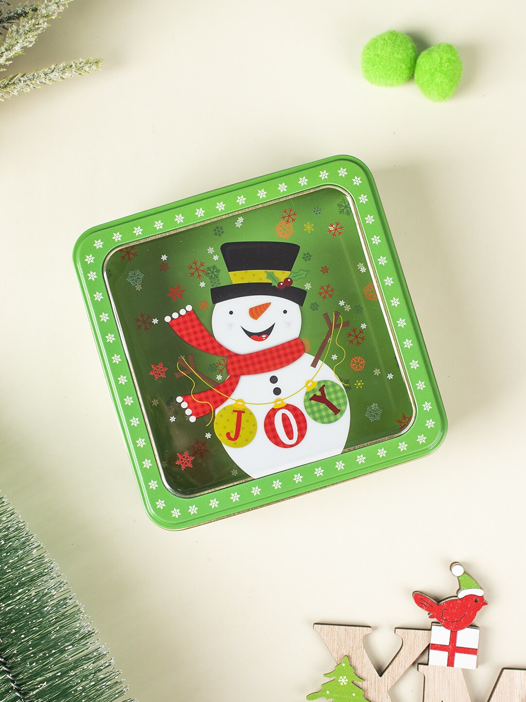 

MARKET99 Green & White Christmas Snowman Printed Metal Tin Box