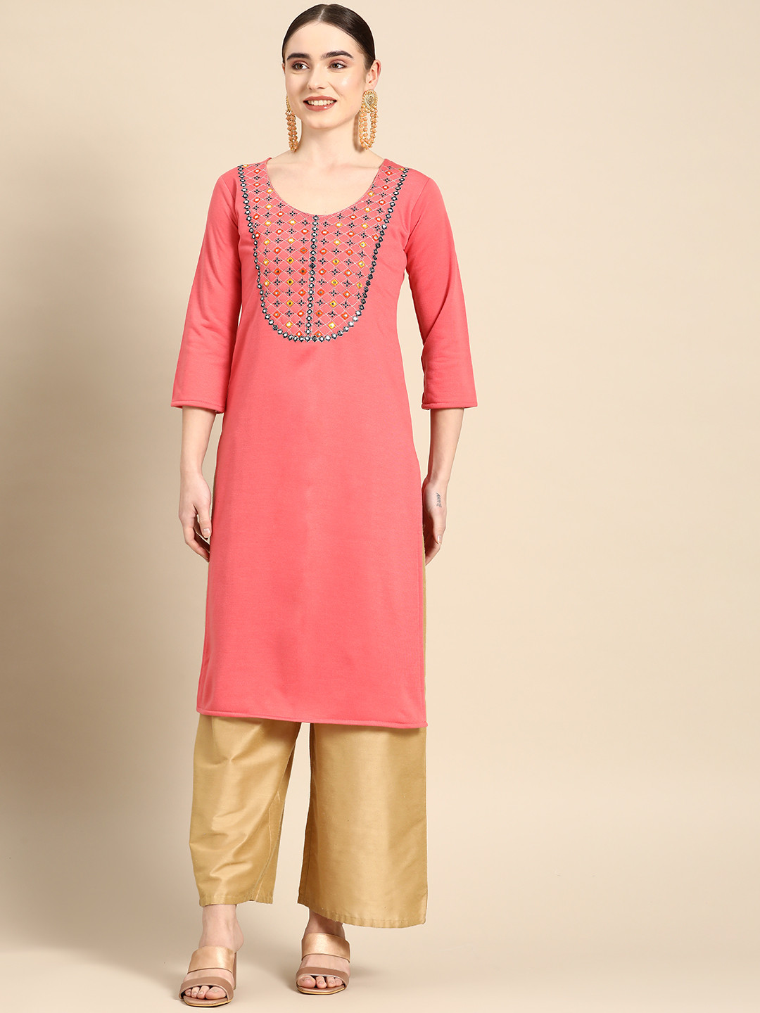 

Saadgi Women Pink Woollen Ethnic Motifs Embroidered Mirror Work Kurta
