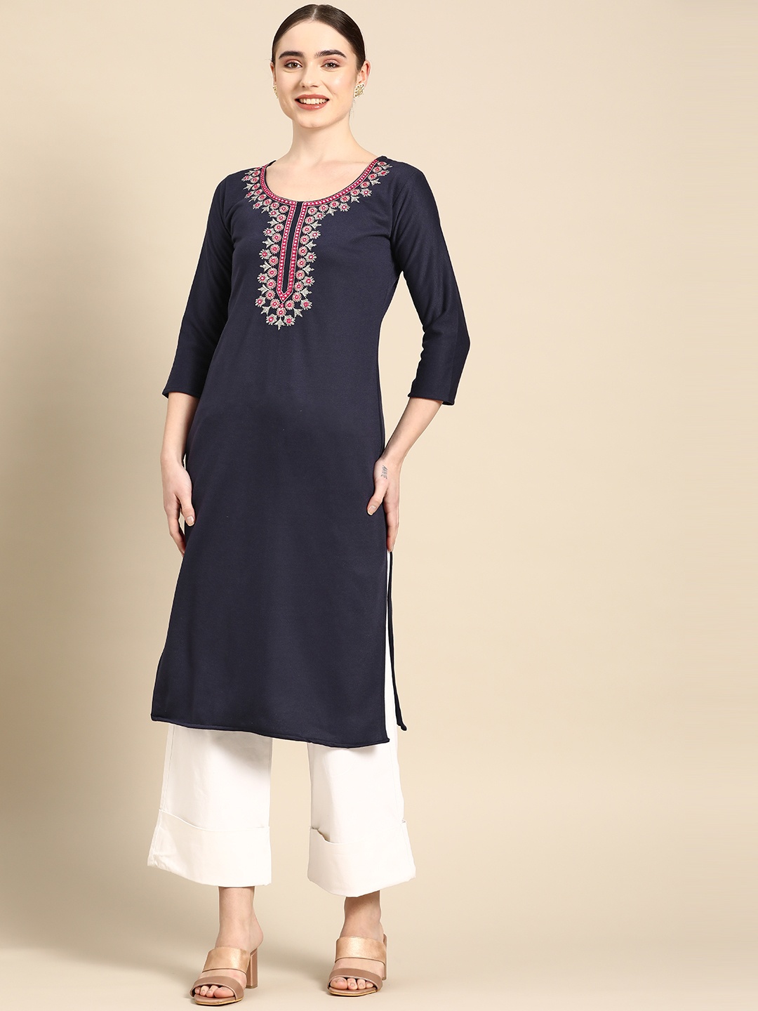

Saadgi Women Navy Blue Woollen Ethnic Motifs Embroidered Mirror Work Kurta