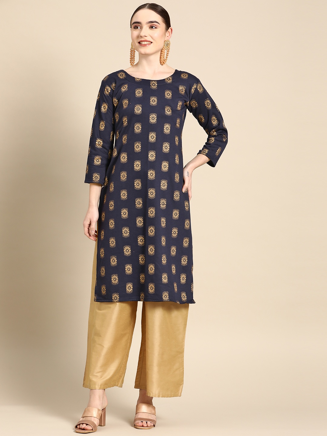 

Saadgi Women Navy Blue Woollen Ethnic Motifs Printed Block Print Kurta