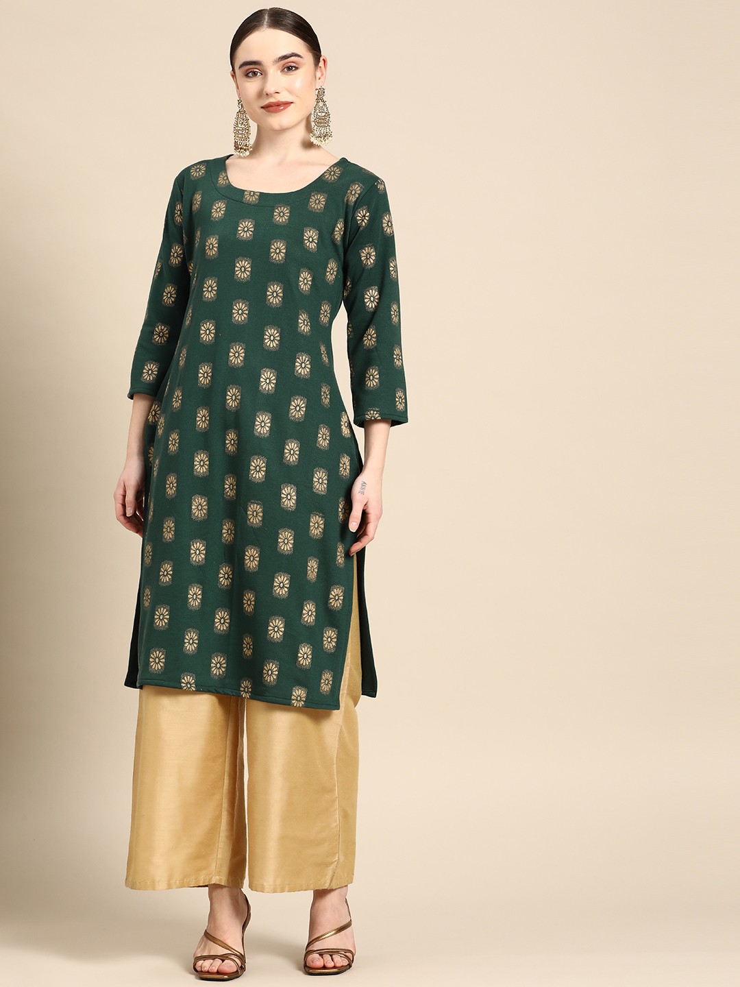 

Saadgi Women Green Woollen Ethnic Motifs Printed Straight Kurta