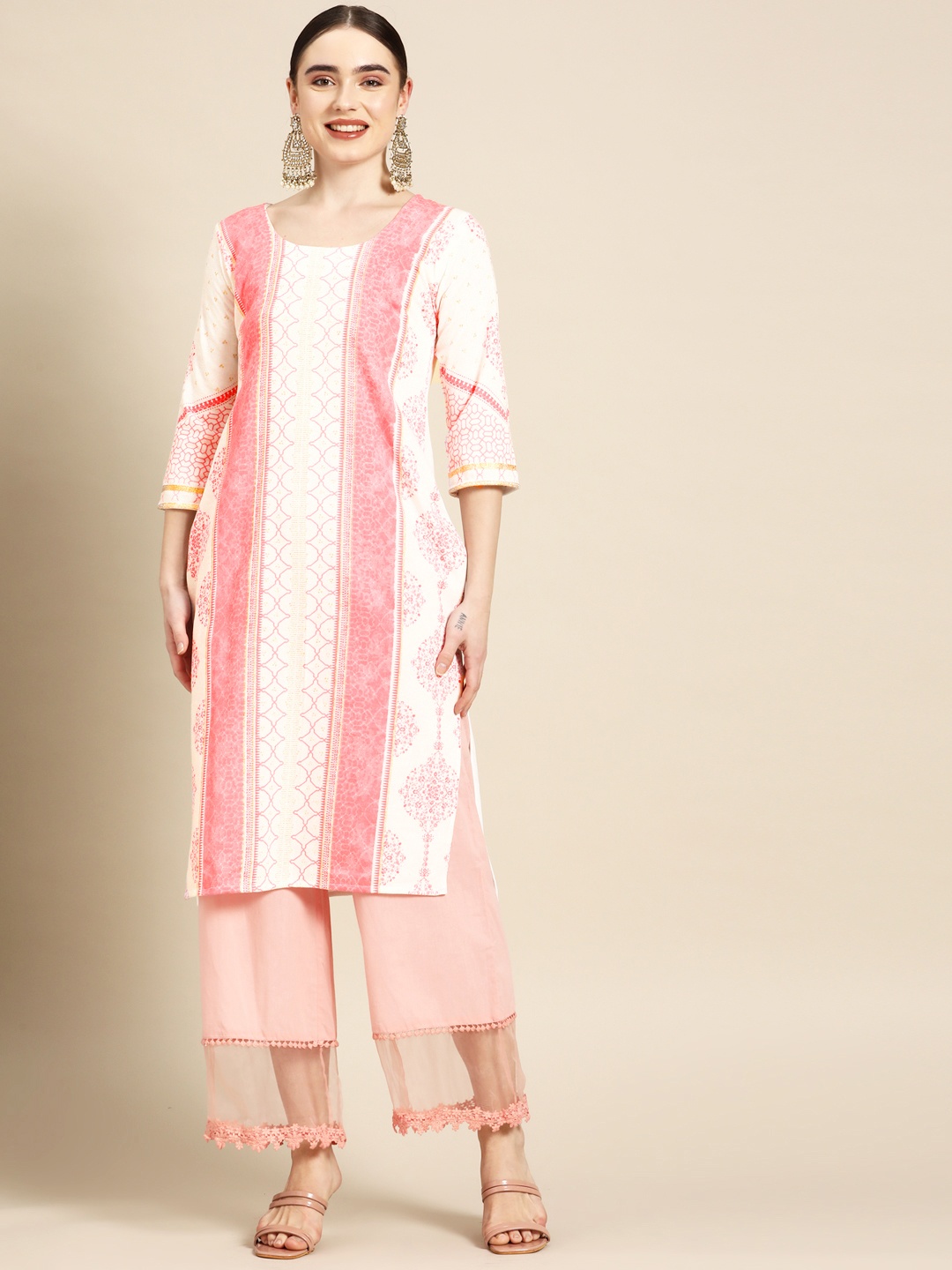 

Saadgi Women Pink & White Ethnic Motifs Printed Straight Wool Kurta