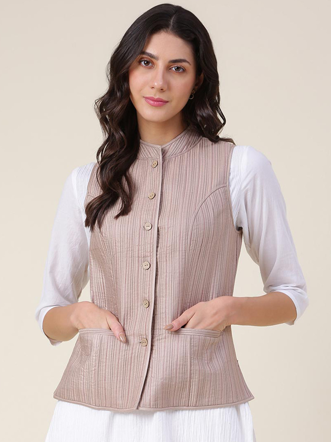 

Fabindia Women Striped Nehru Jacket, Beige
