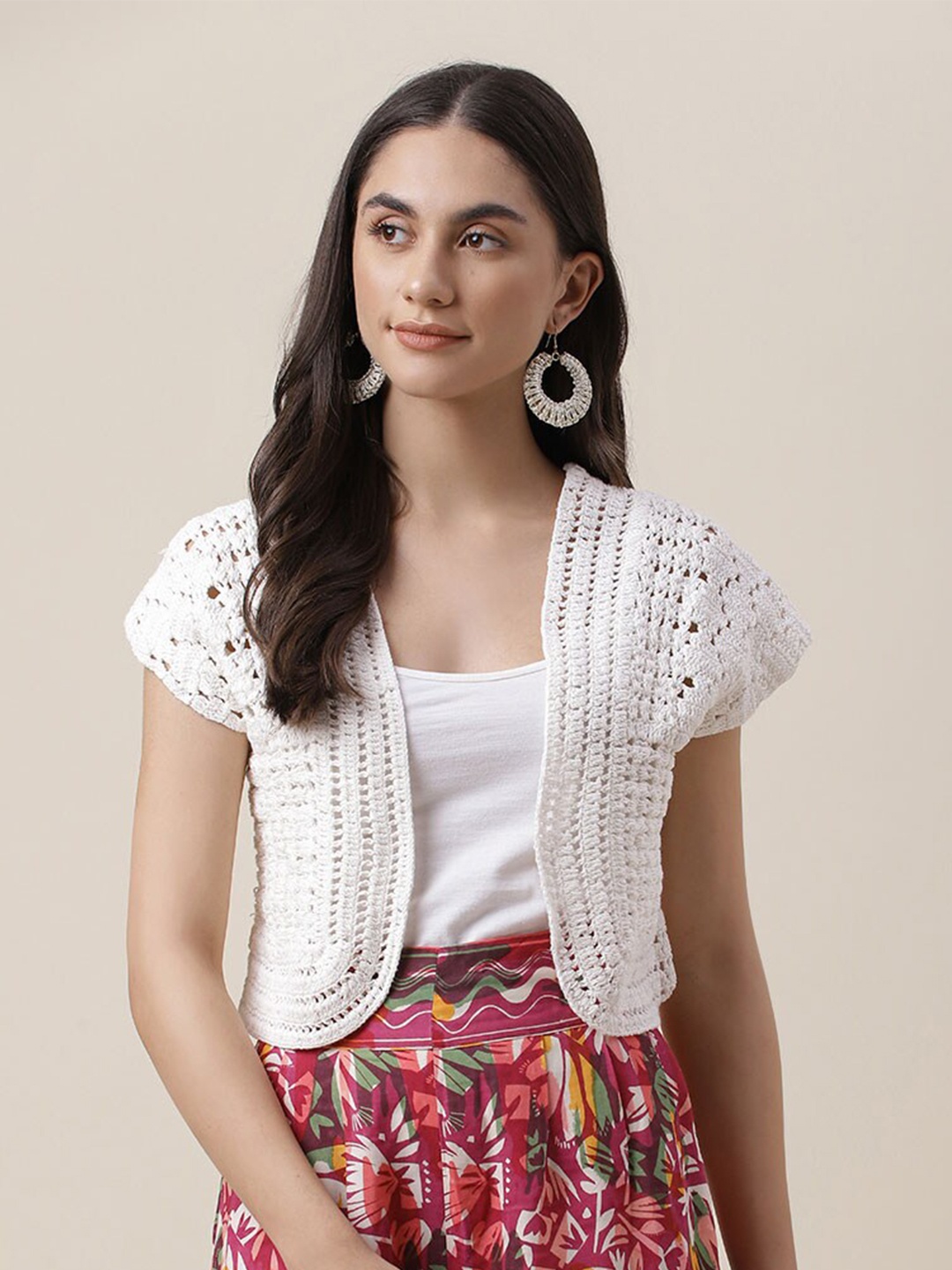 

Fabindia Women Self Design Cotton Open Front Crop Shrug, Off white