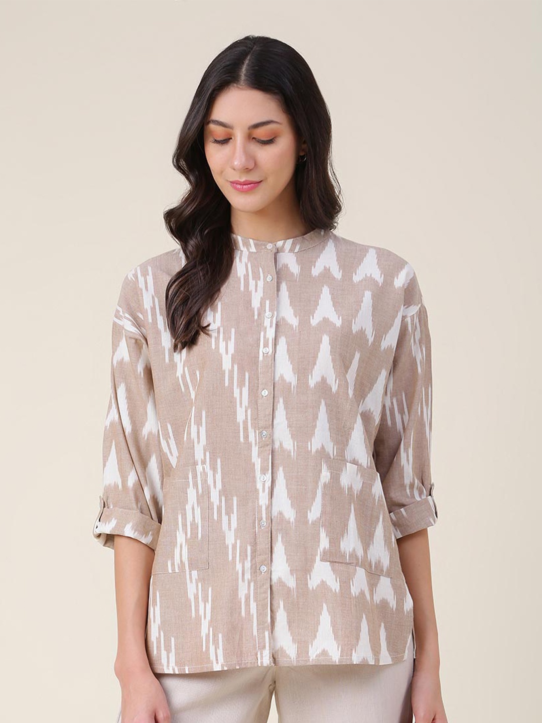

Fabindia Women Printed Cotton Casual Shirt, Taupe