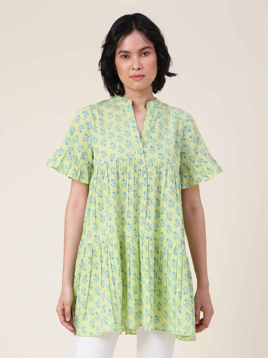 

Fabindia Mandarin Collar Printed Tunic, Green