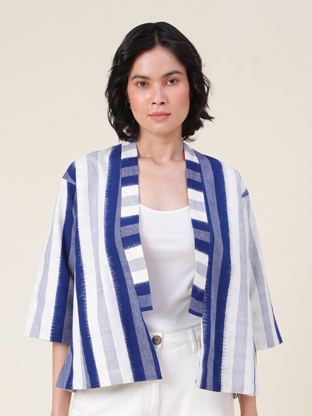 

Fabindia Women Striped Cotton Open Front Shrug, Navy blue