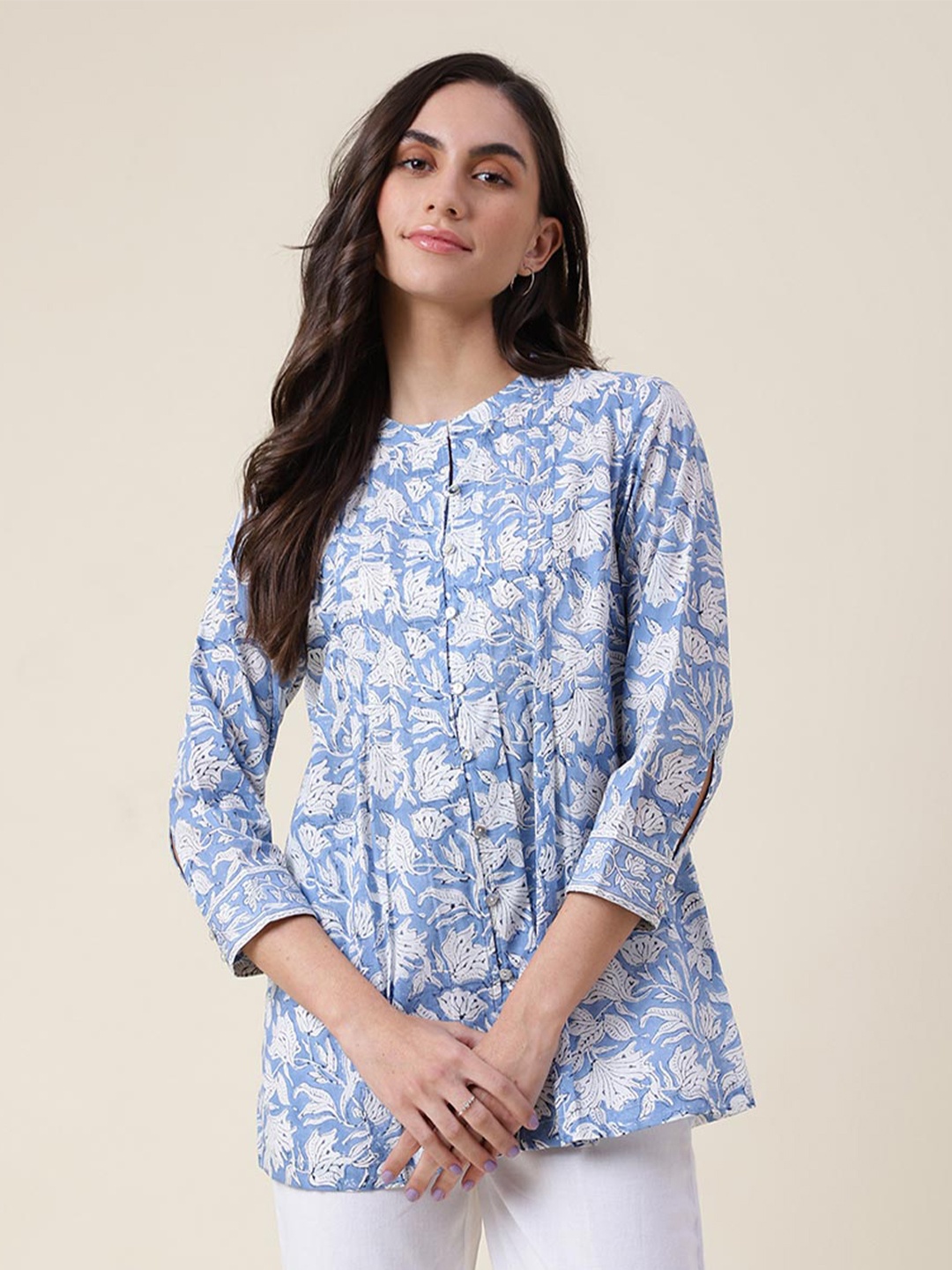 

Fabindia Mandarin Collar Printed Cotton Tunic, Blue