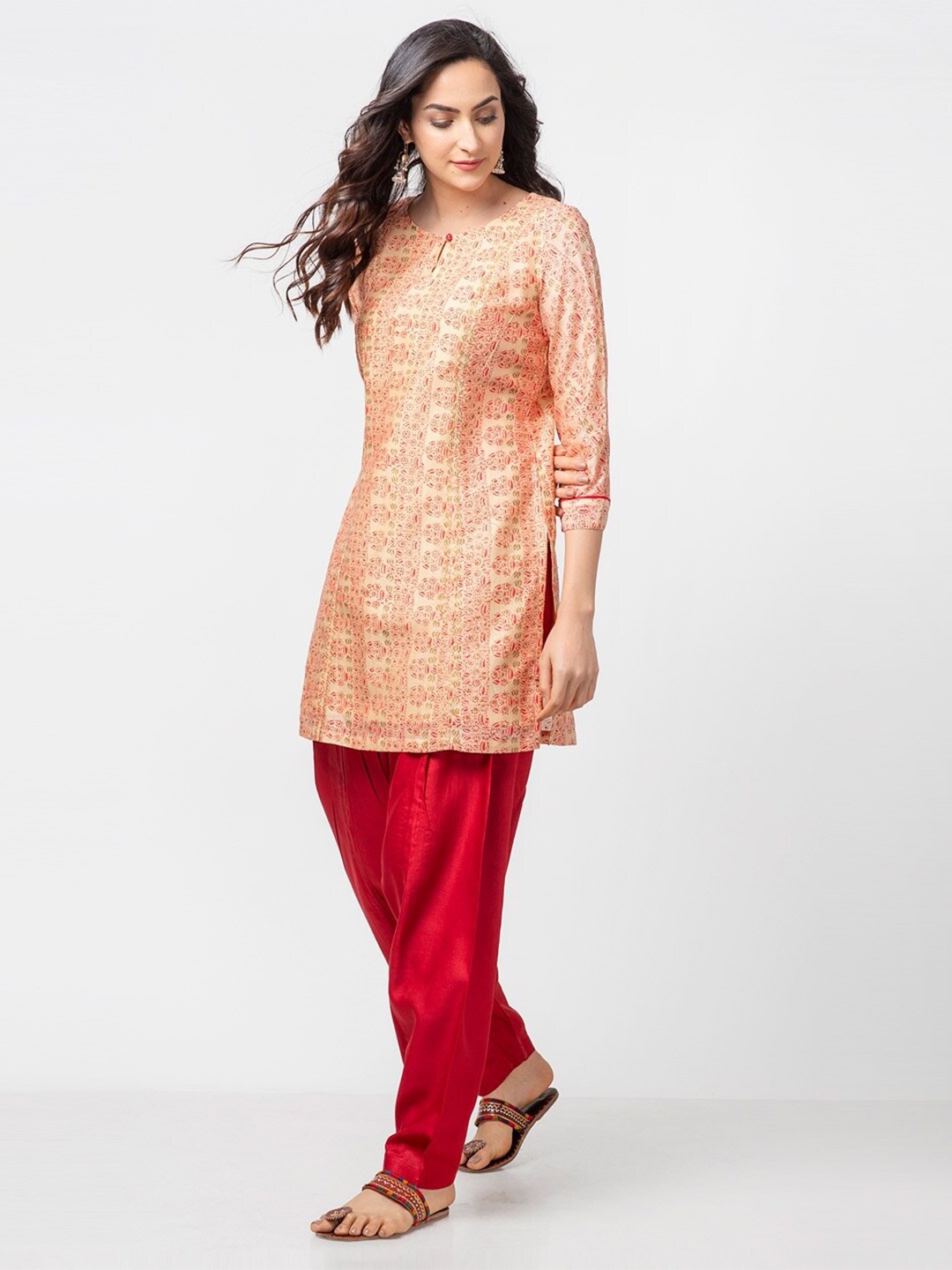 

Fabindia Ethnic Motifs Printed Pure Cotton Kurti, Beige