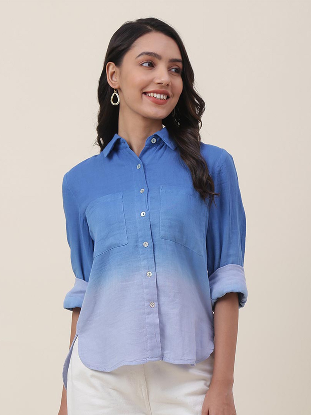 

Fabindia Women Straight Ombre Cotton Casual Shirt, Blue