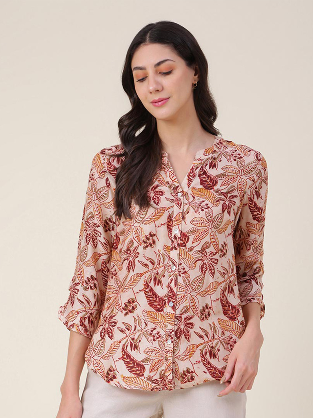 

Fabindia Women Floral Printed Casual Shirt, Beige
