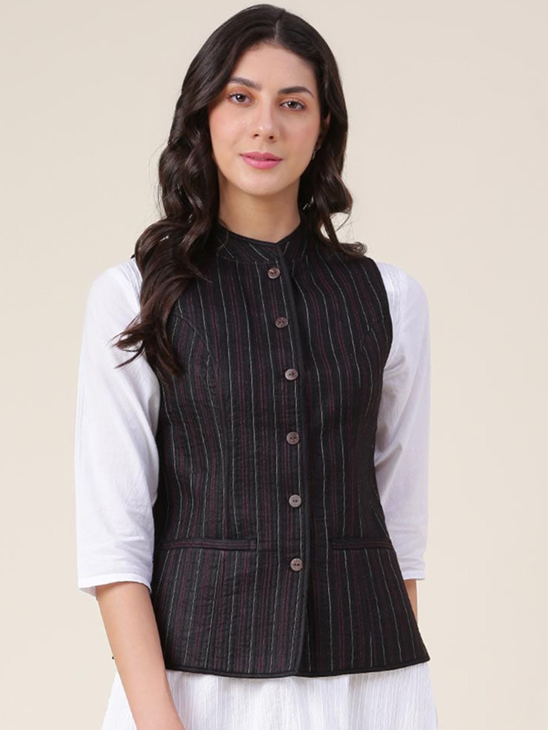 

Fabindia Striped Tailored Jacket, Black
