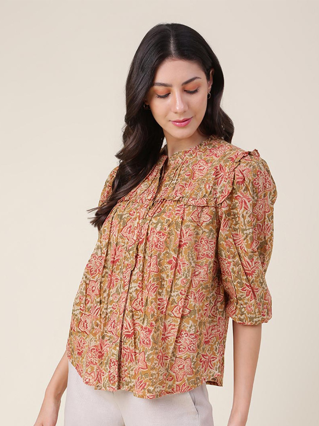 

Fabindia Women Cotton Printed Casual Shirt, Mustard