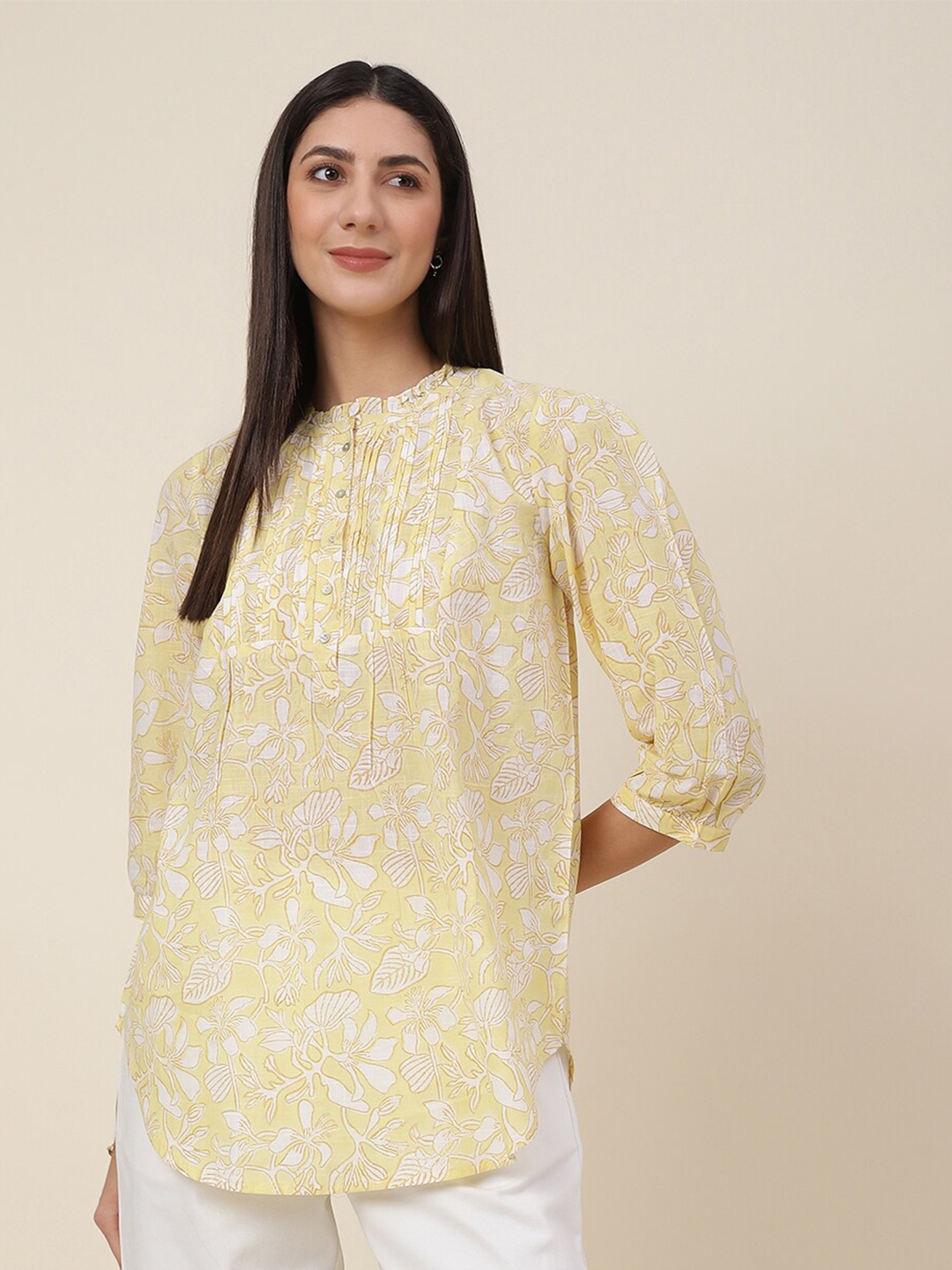 

Fabindia Cotton Mandarin Collar Printed Tunic, Yellow