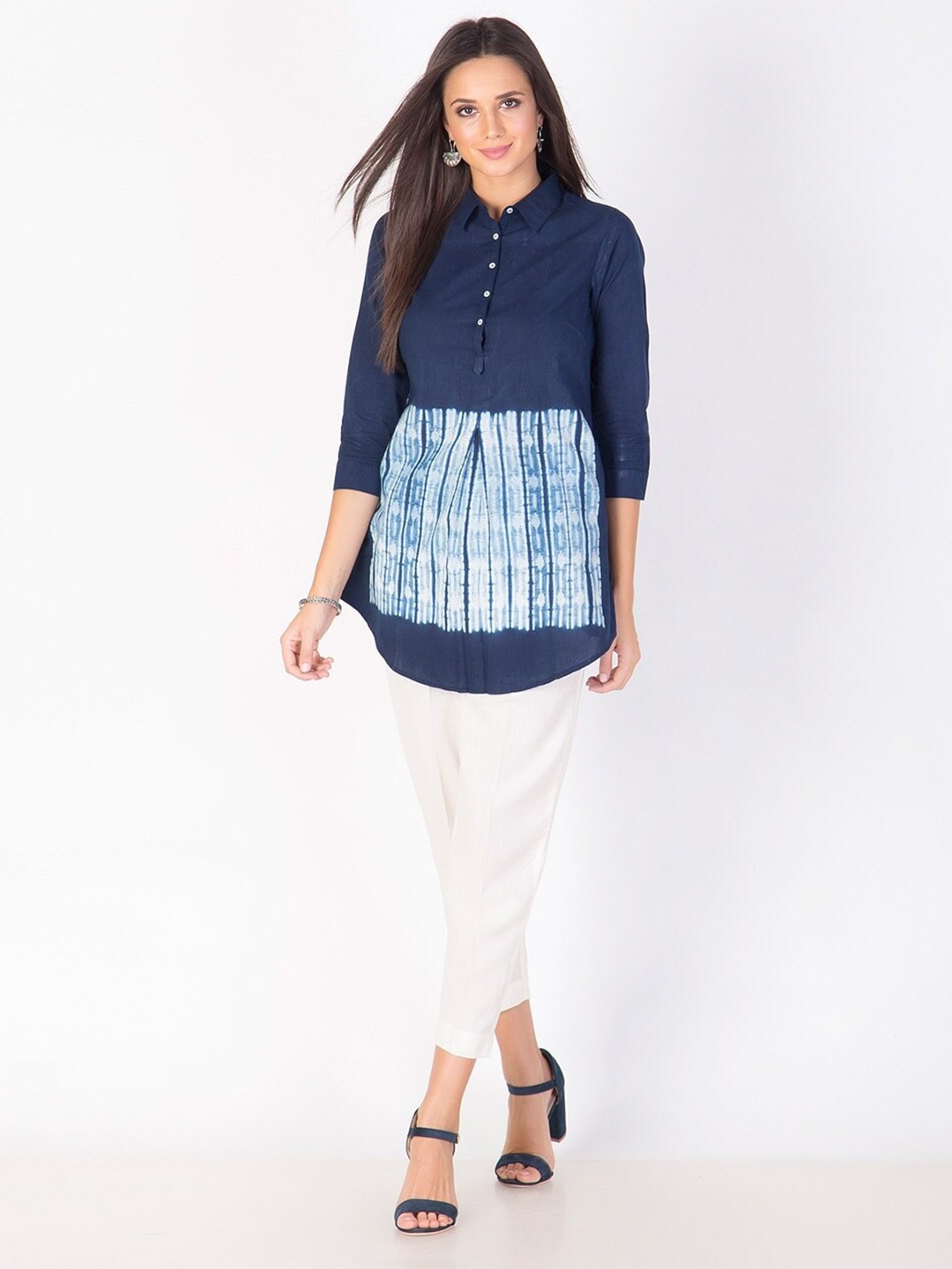 

Fabindia Cotton Shirt Collar Printed Tunic, Navy blue