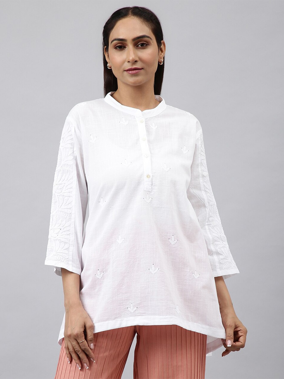

Fabindia Cotton Mandarin Collar Embroidered Tunic, White
