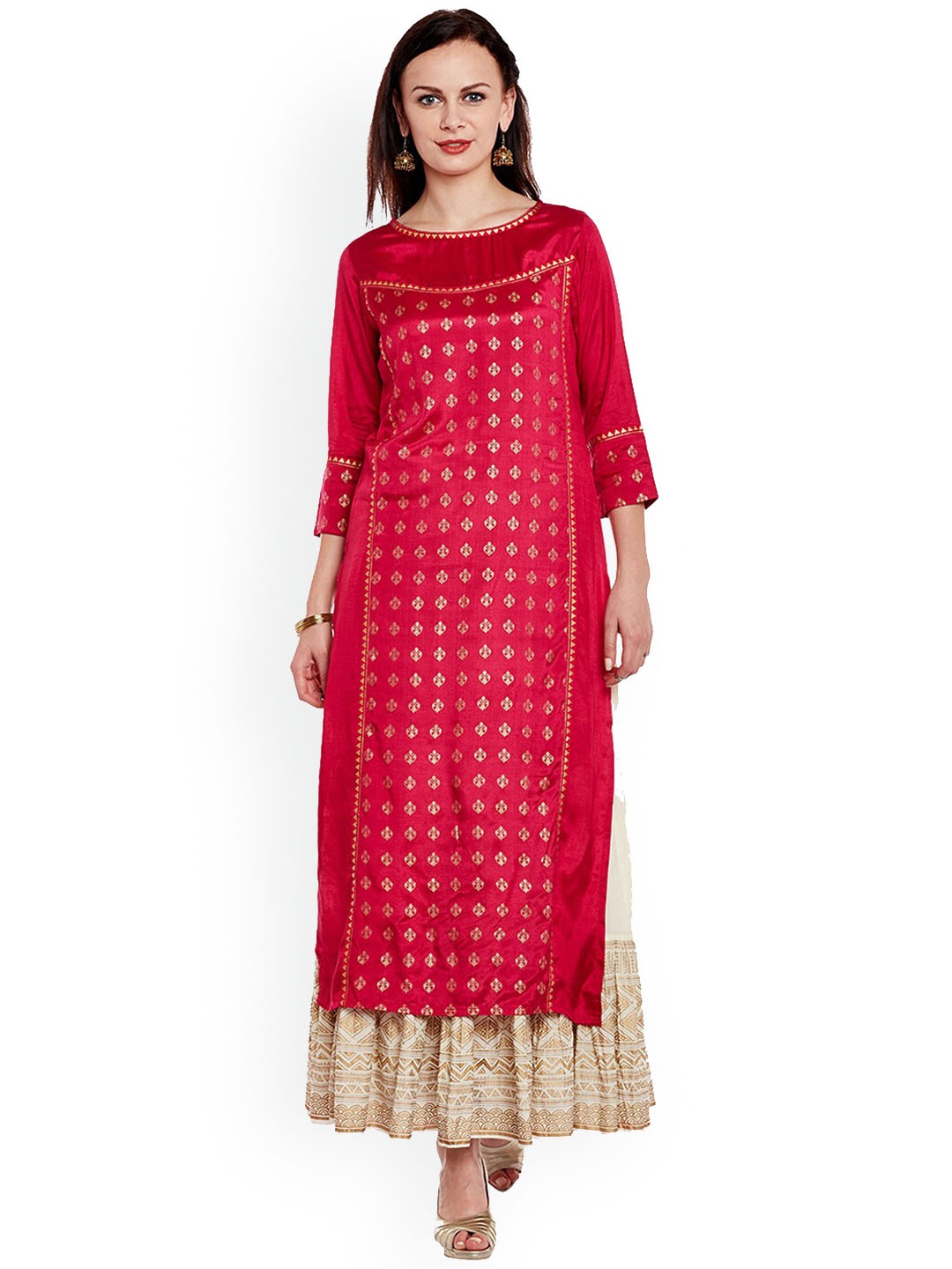 

KSUT Ethnic Motifs Printed Boat Neck Straight Regular Kurta, Fuchsia