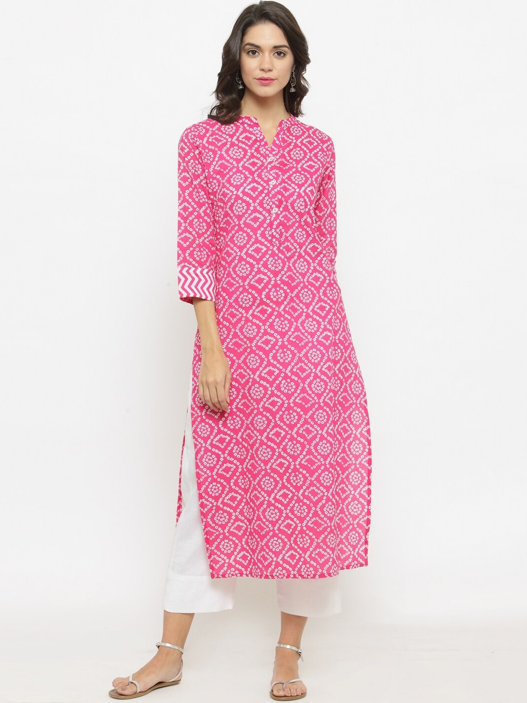 

KSUT Mandarin Collar Printed Thread Work Straight High Slit Pure Cotton Kurta, Pink