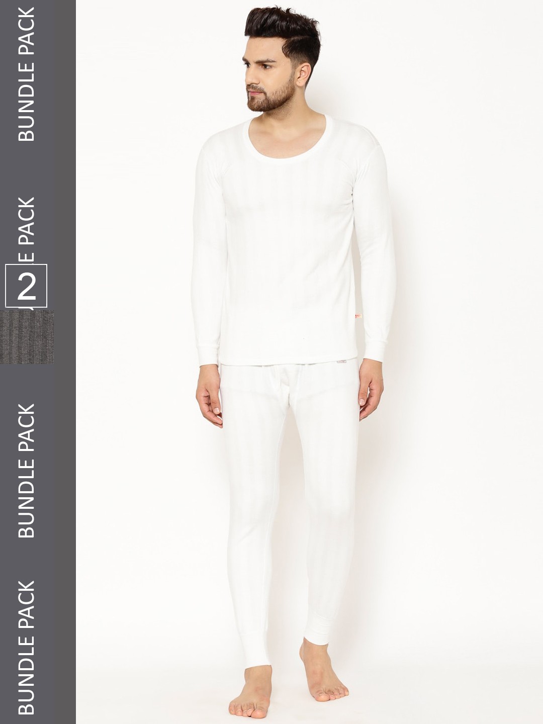 

VIMAL JONNEY Men Pack Of 2 Striped Cotton Thermal Set, White