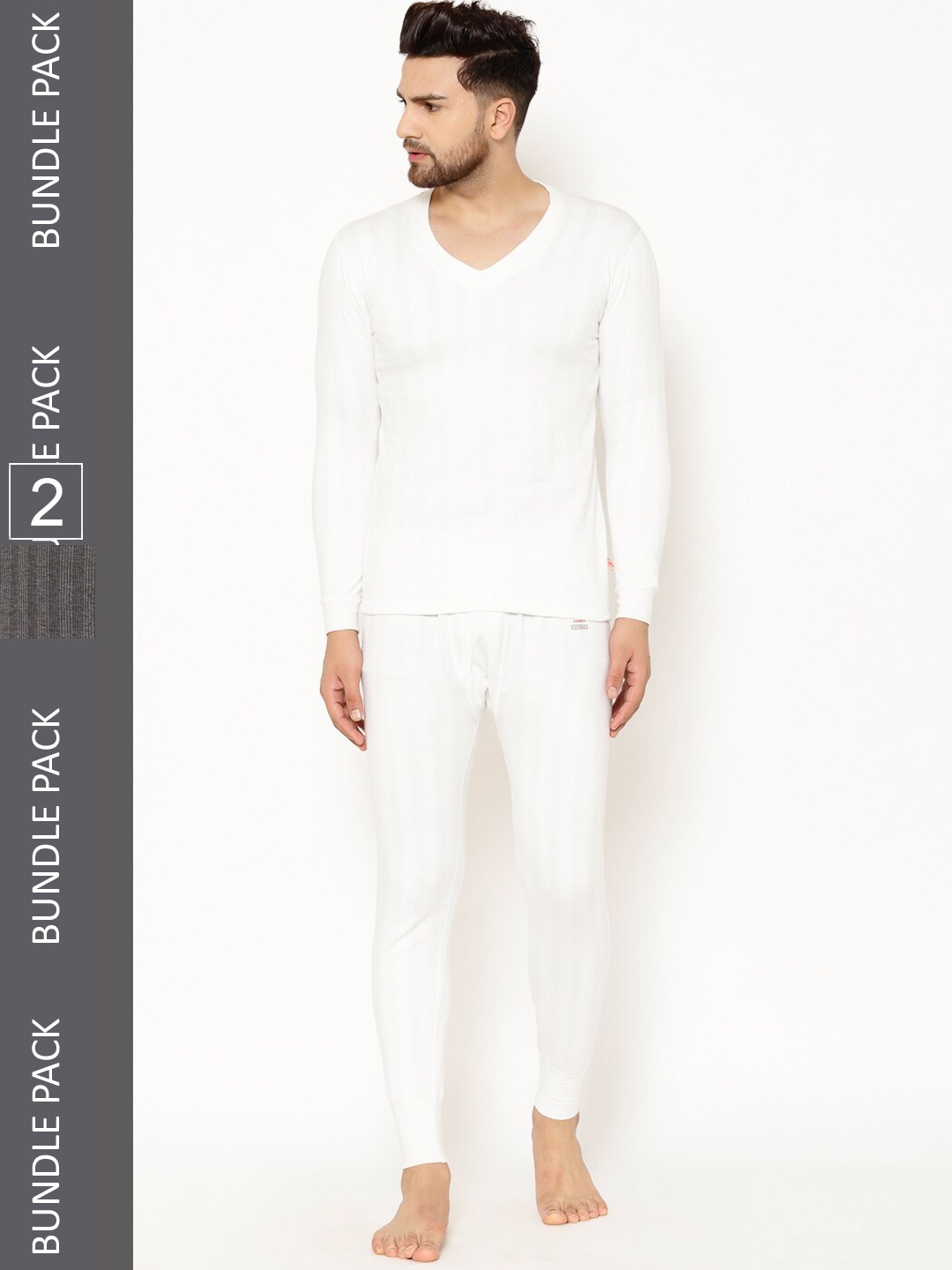 

VIMAL JONNEY Men Pack Of 2 Striped Thermal Set, White