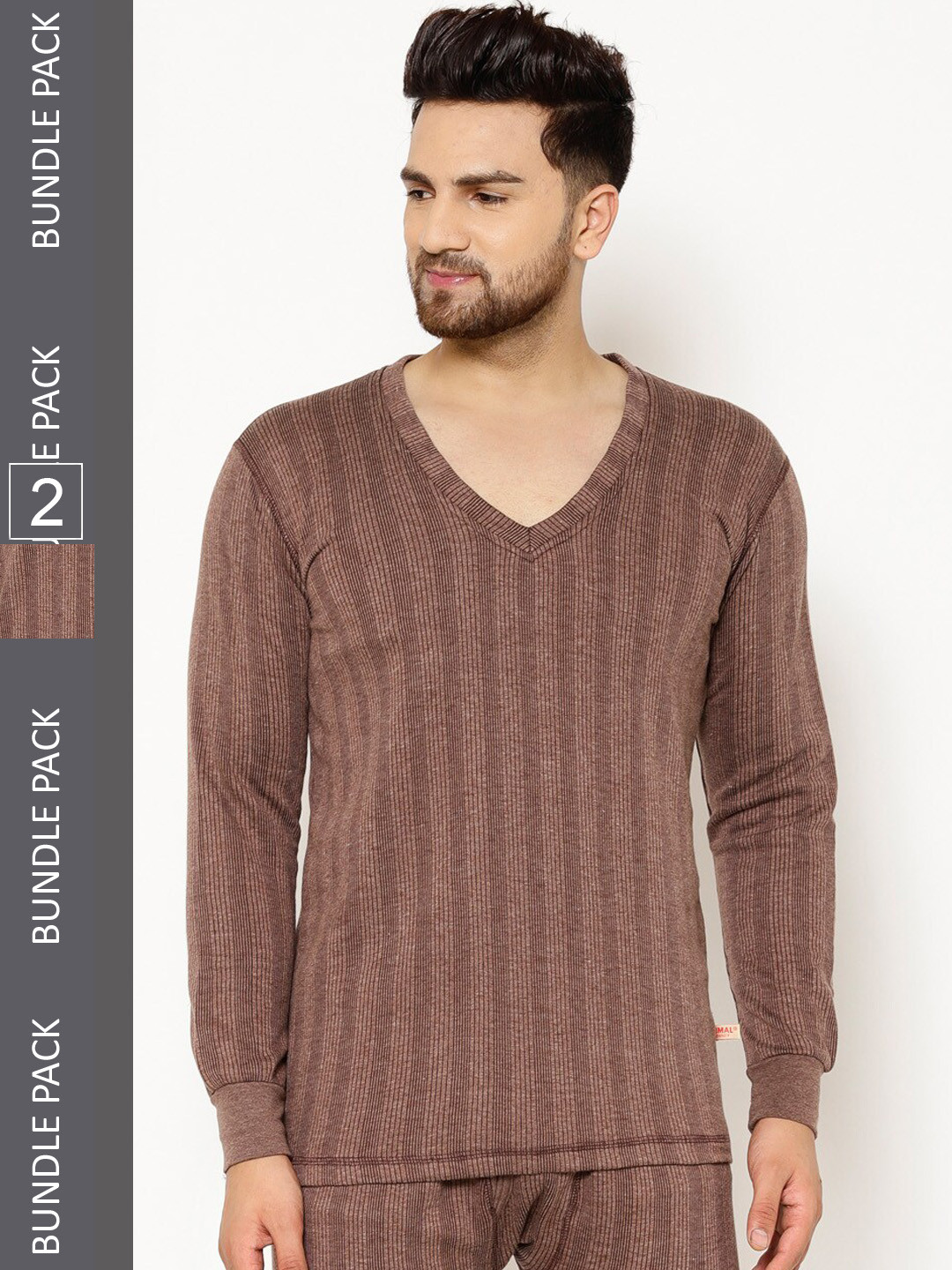 

VIMAL JONNEY Men Pack Of 2 Striped Cotton Thermal Tops, Brown