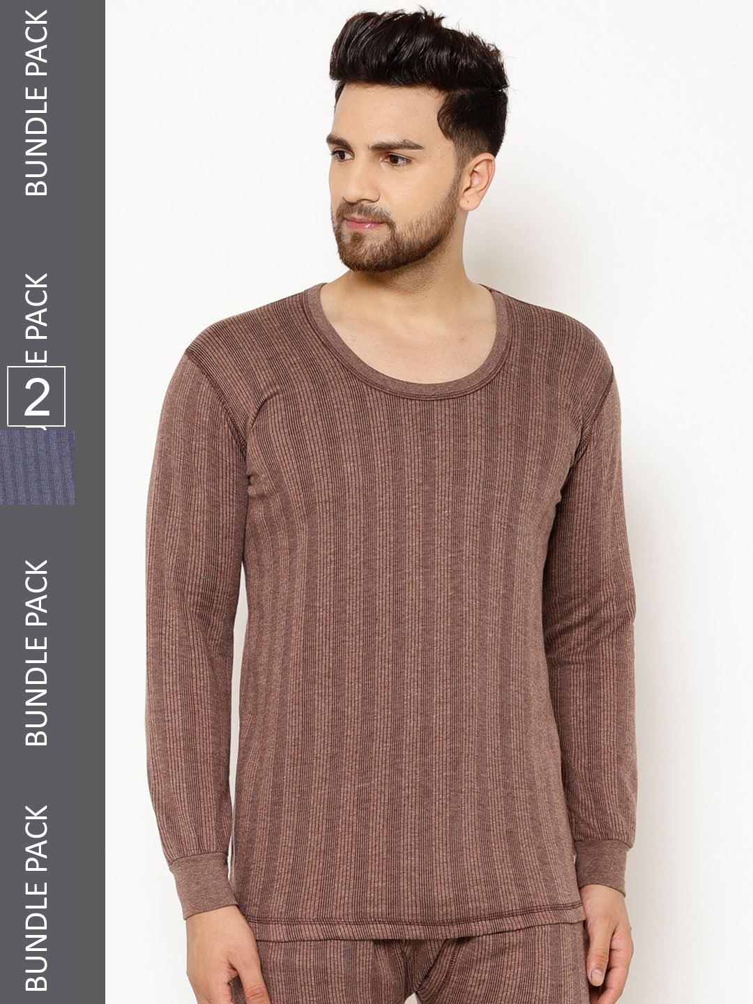 

VIMAL JONNEY Men Pack Of 2 Striped Cotton Thermal Tops, Brown