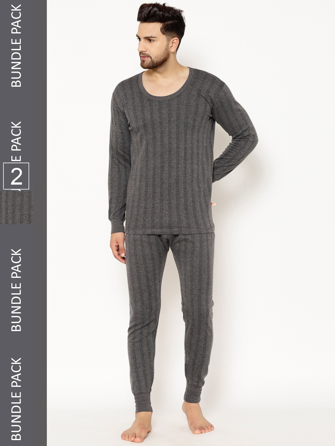 

VIMAL JONNEY Men Pack Of 2 Cotton Thermal Set, Black