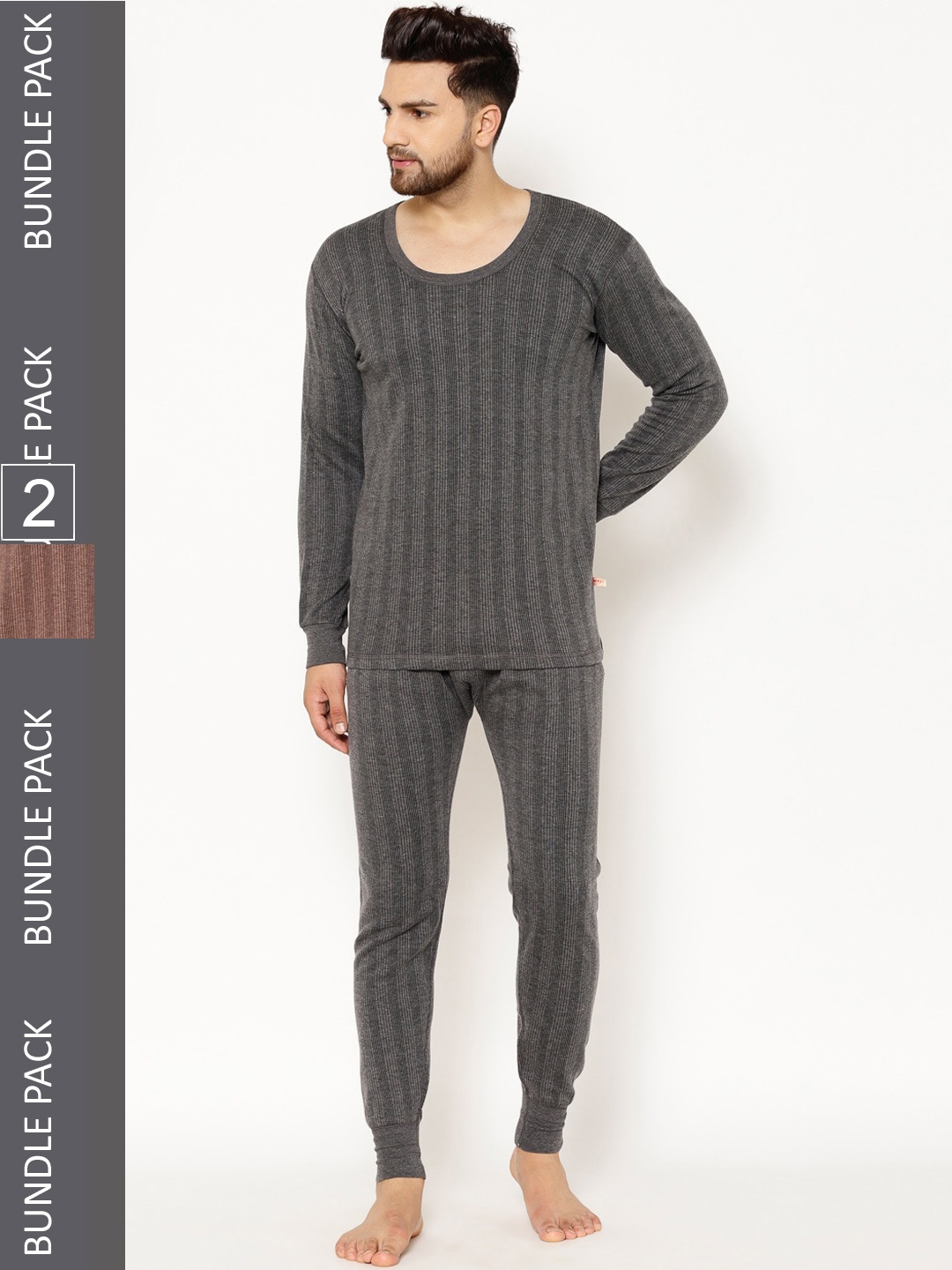 

VIMAL JONNEY Men Pack Of 2 Striped Cotton Thermal Set, Black