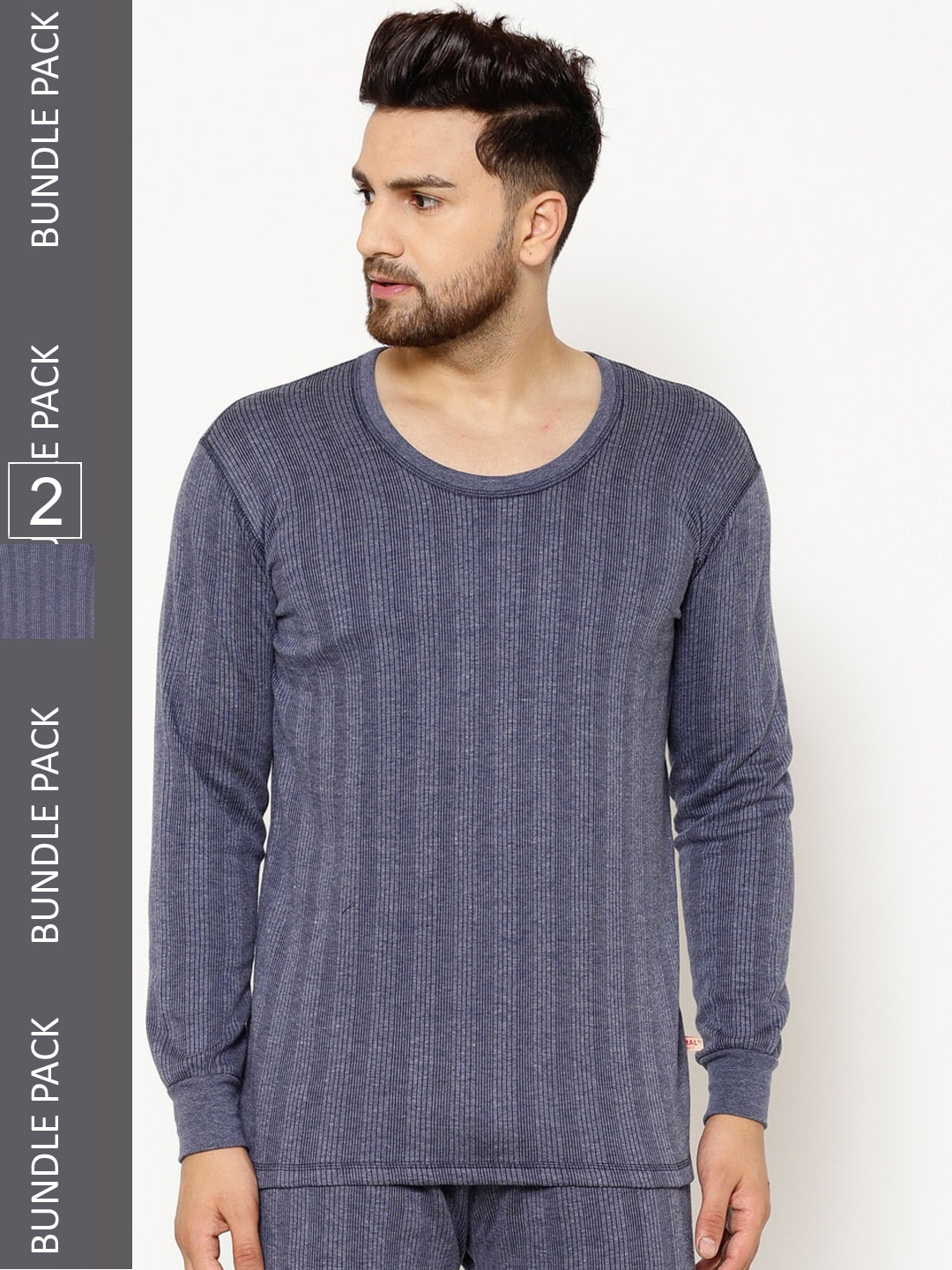 

VIMAL JONNEY Men Pack of 2 Striped Cotton Thermal Tops, Black