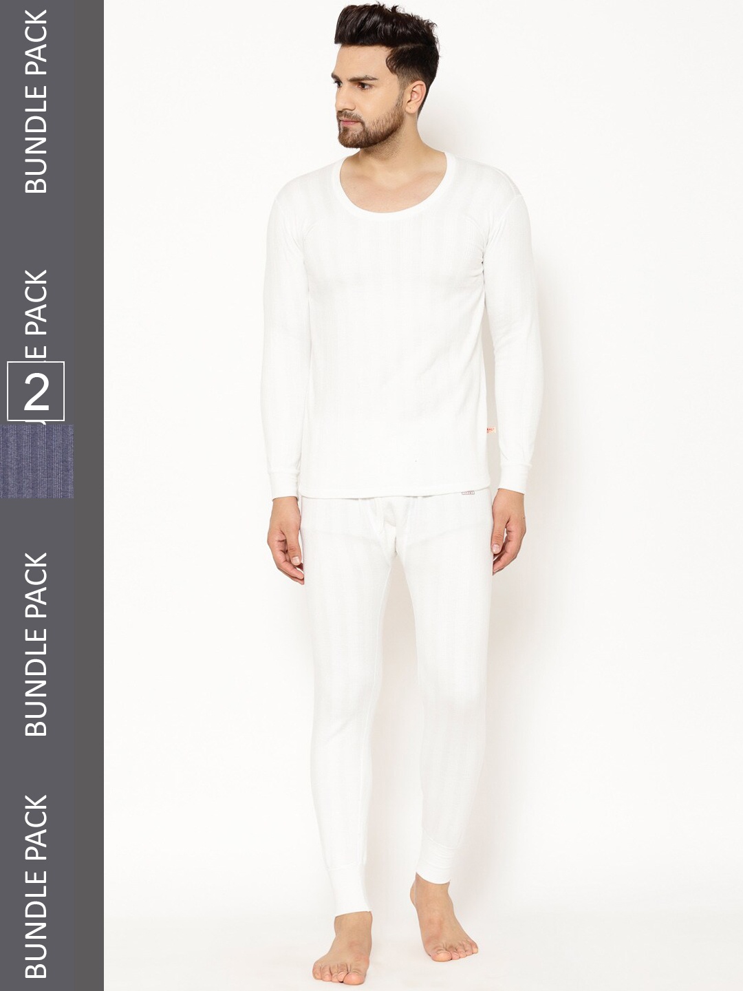 

VIMAL JONNEY Men Pack Of 2 Striped Cotton Thermal Set, White