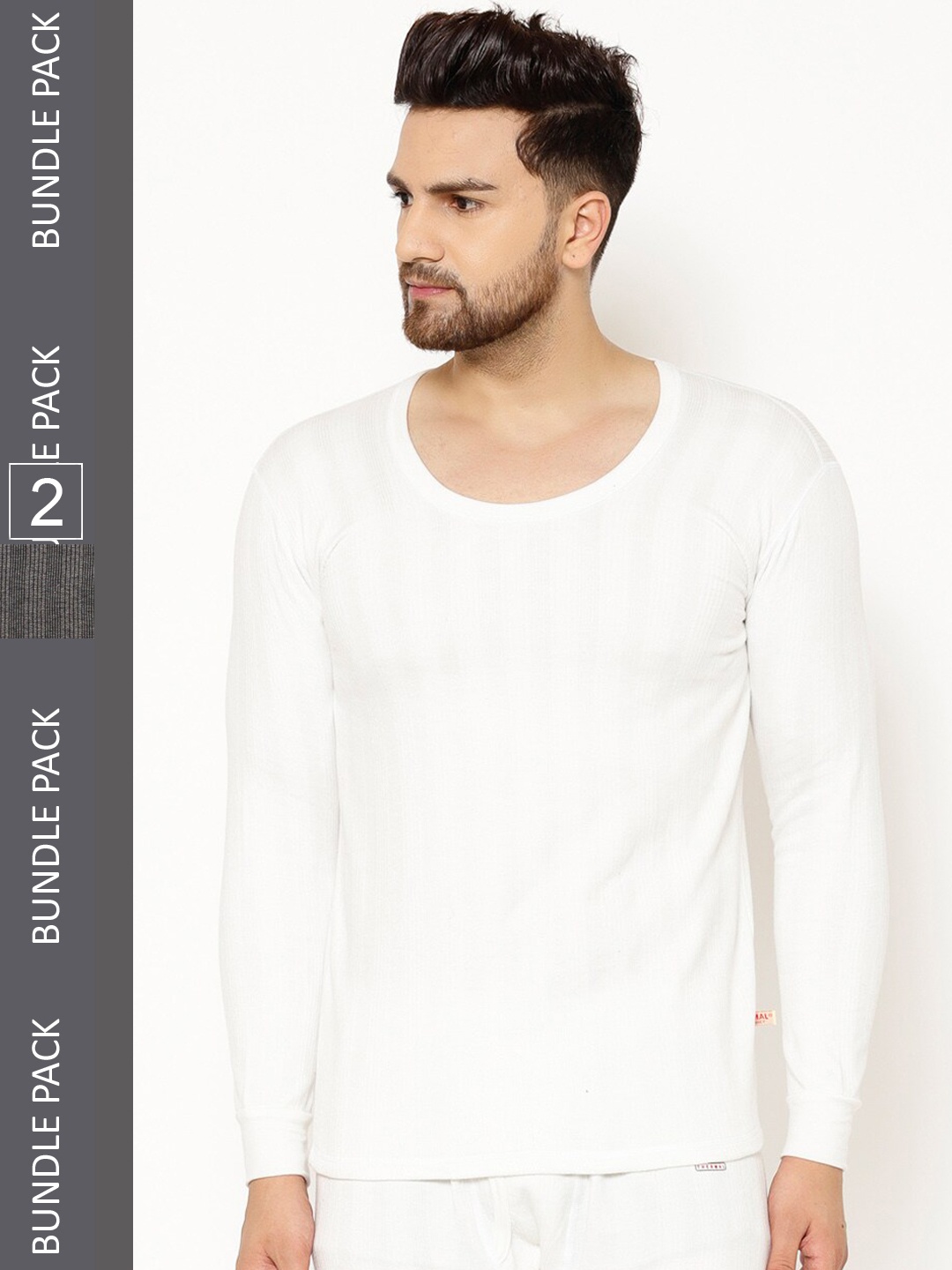 

VIMAL JONNEY Men Pack Of 2 Striped Cotton Thermal Tops, Grey