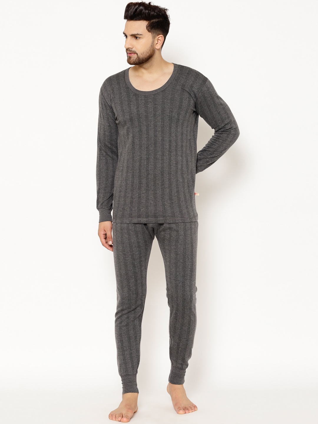 

VIMAL JONNEY Men Striped Cotton Thermal Set, Black