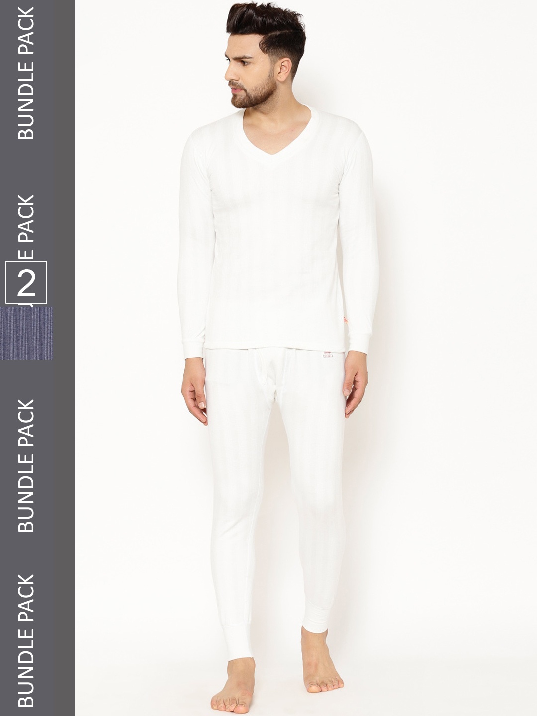 

VIMAL JONNEY Men Pack Of 2 Striped Cotton Thermal Set, White