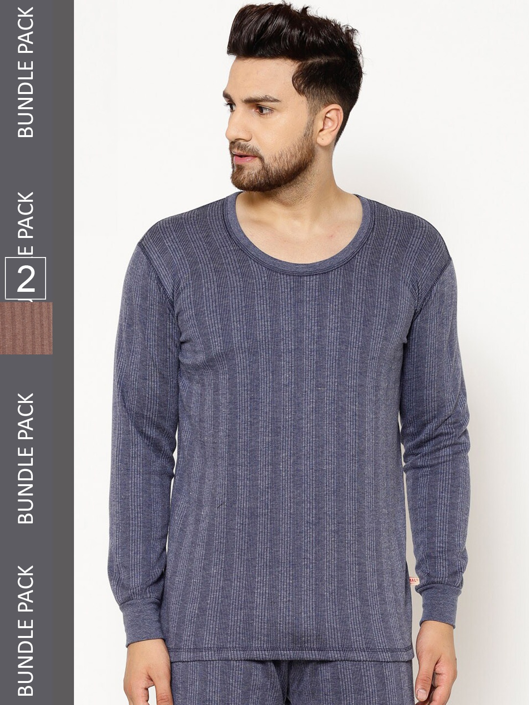 

VIMAL JONNEY Men Pack Of 2 Striped Cotton Thermal Tops, Brown