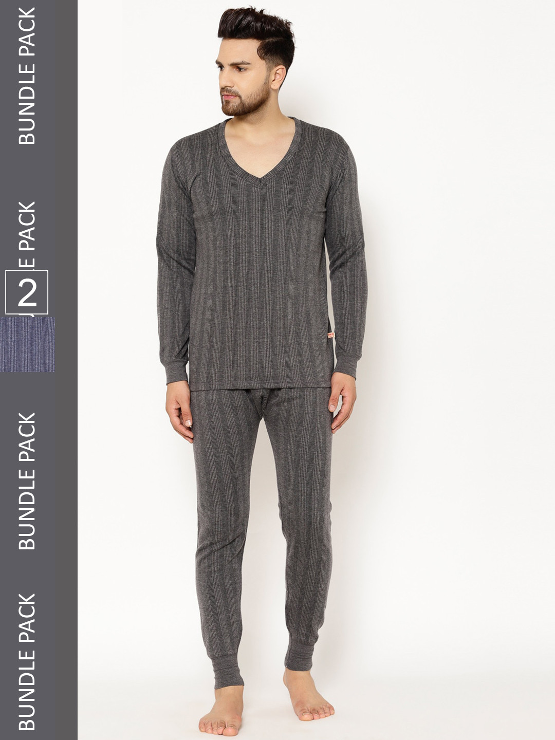 

VIMAL JONNEY Men Pack Of 2 Striped Cotton Thermal Set, Blue