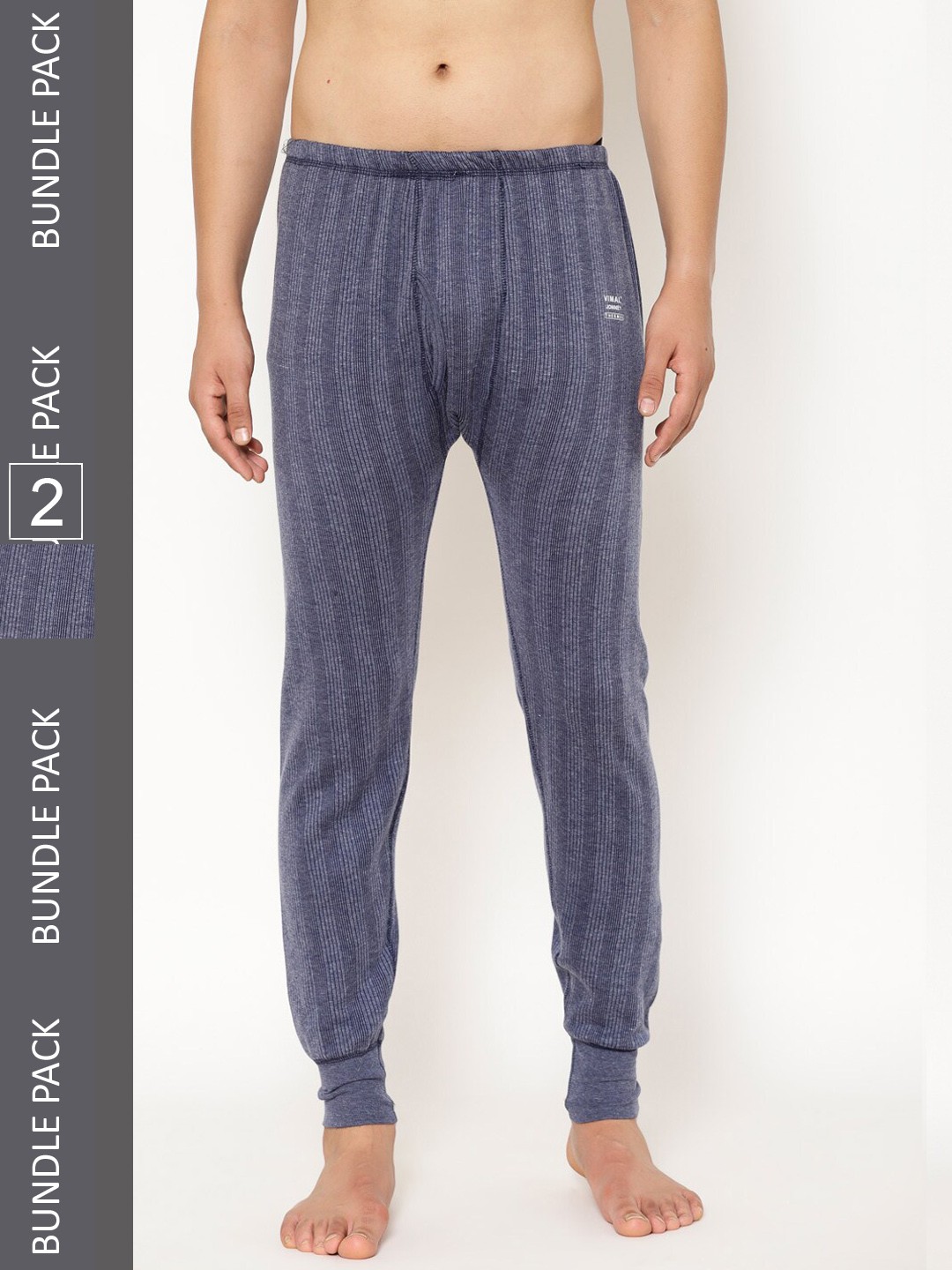 

VIMAL JONNEY Men Pack Of 2 Striped Cotton Thermal Bottoms, Navy blue
