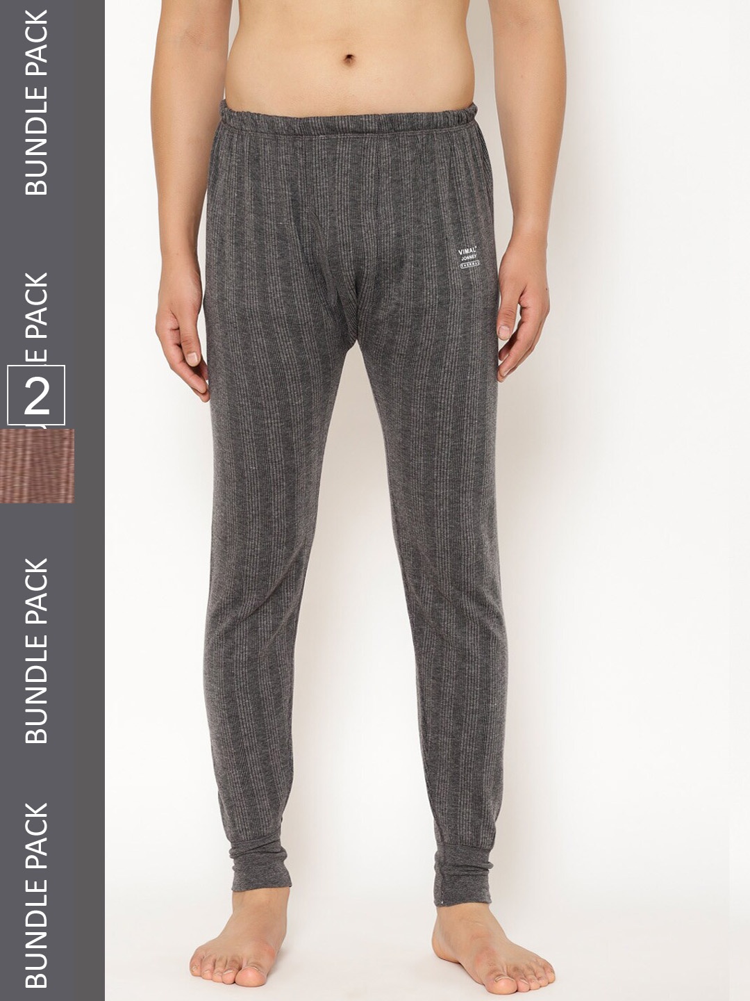

VIMAL JONNEY Men Pack Of 2 Striped Cotton Thermal Bottoms, Charcoal