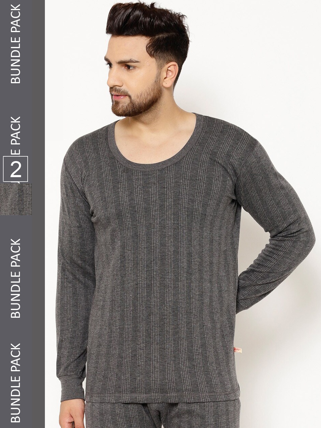 

VIMAL JONNEY Men Pack Of 2 Striped Cotton Thermal Top, Grey