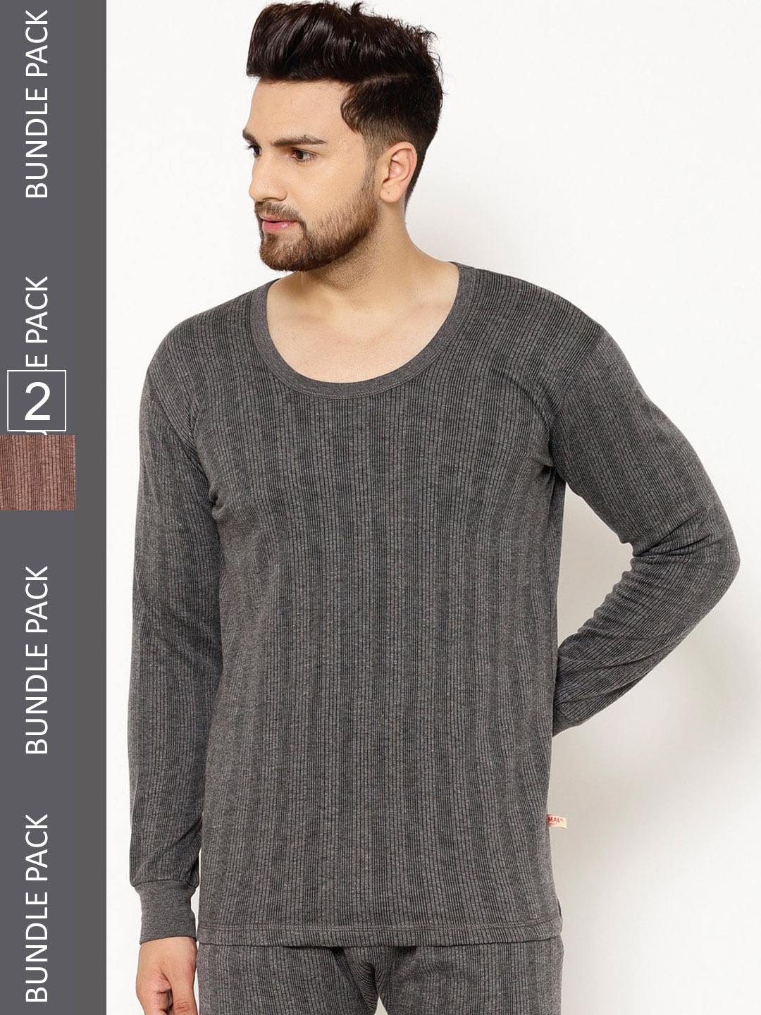 

VIMAL JONNEY Men Pack Of 2 Striped Cotton Thermal Tops, Brown