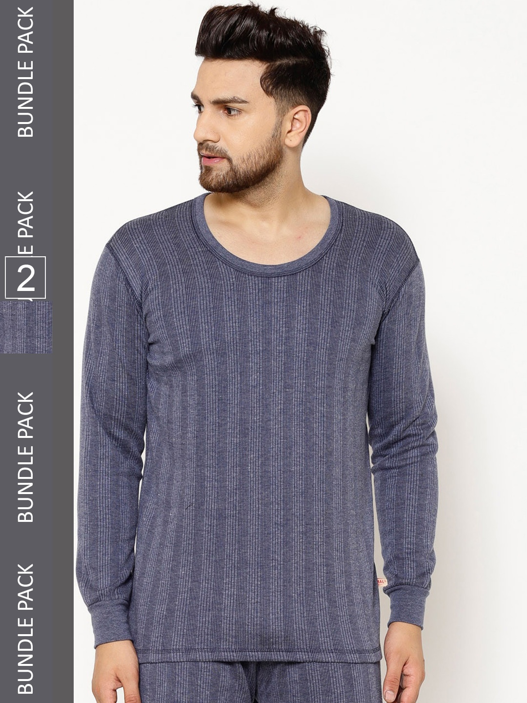 

VIMAL JONNEY Men Pack Of 2 Striped Cotton Thermal Tops, Blue