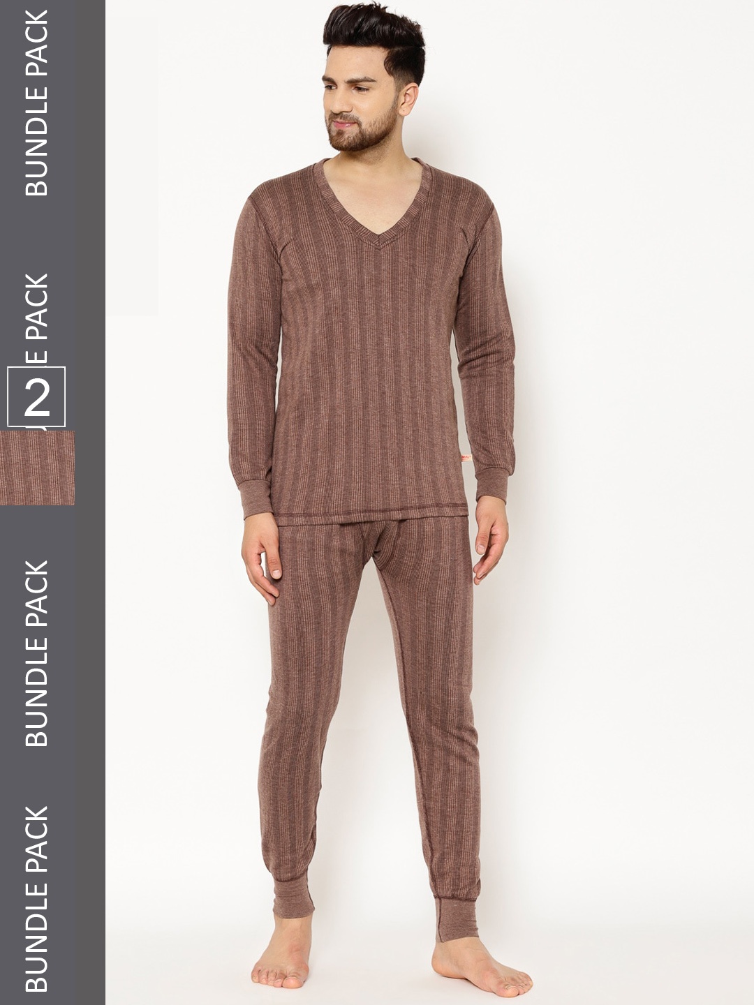 

VIMAL JONNEY Men Pack Of 2 Striped Cotton Thermal Set, Coffee brown