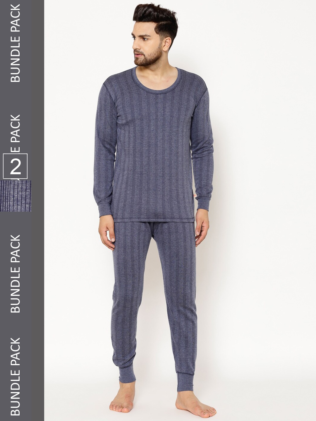 

VIMAL JONNEY Men Pack Of 2 Striped Cotton Thermal Set, Navy blue