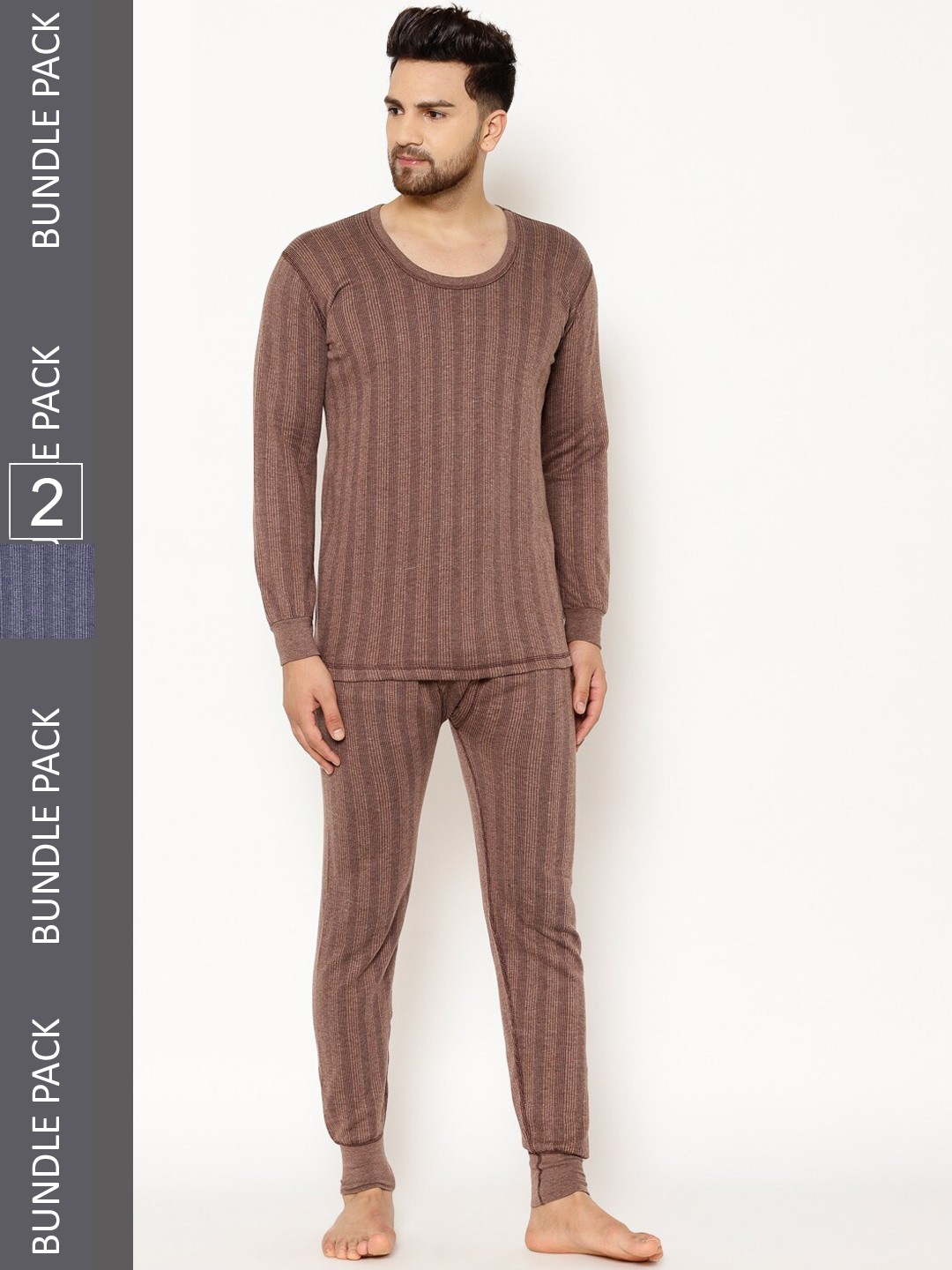 

VIMAL JONNEY Men Pack Of 2 Cotton Thermal Sets, Brown