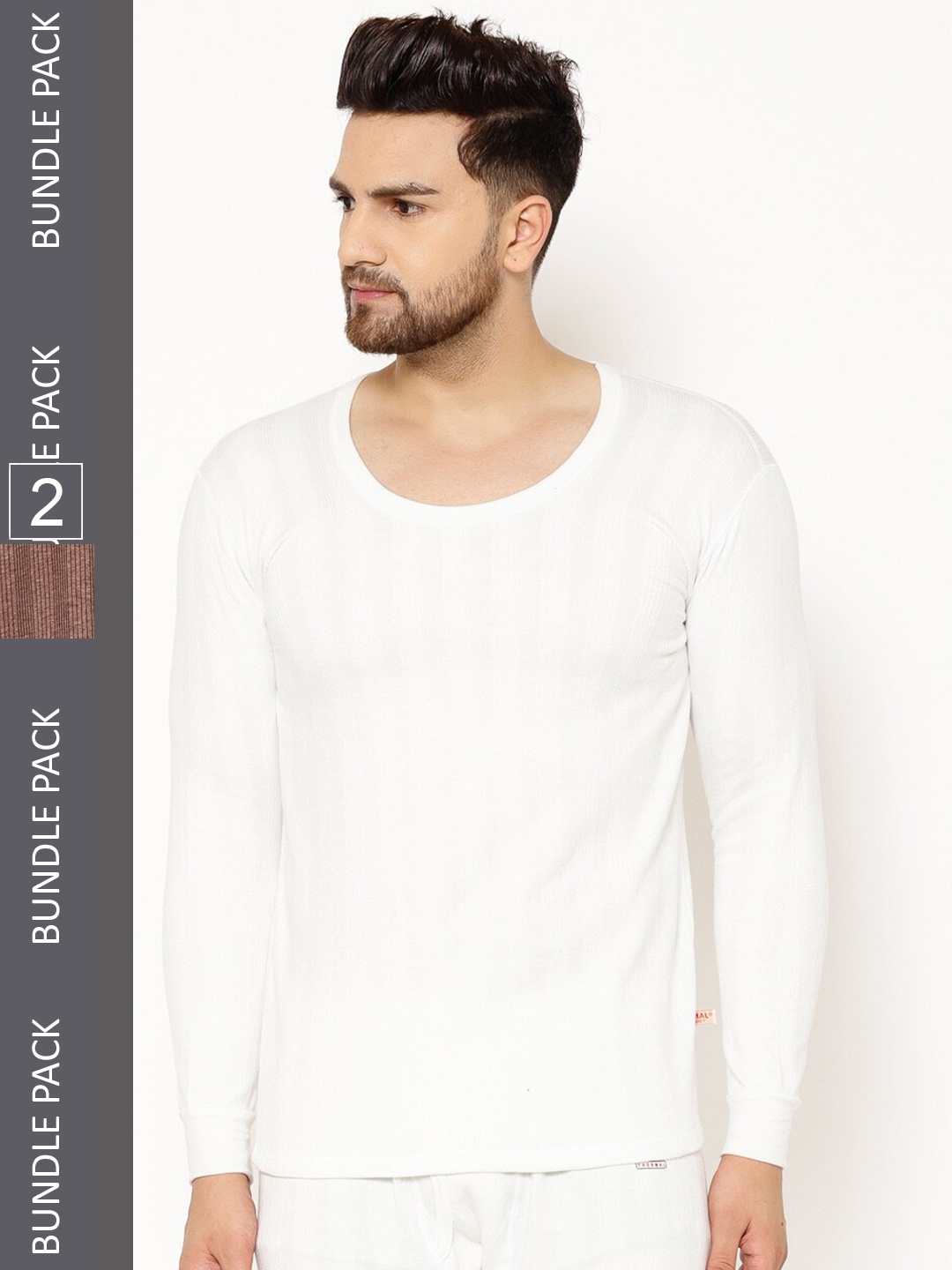 

VIMAL JONNEY Men Pack Of 2 Striped Cotton Thermal Tops, White